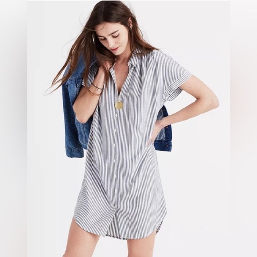 Madewell Dress XS Blue/White Stripe Shirt Dress Short Sleeve